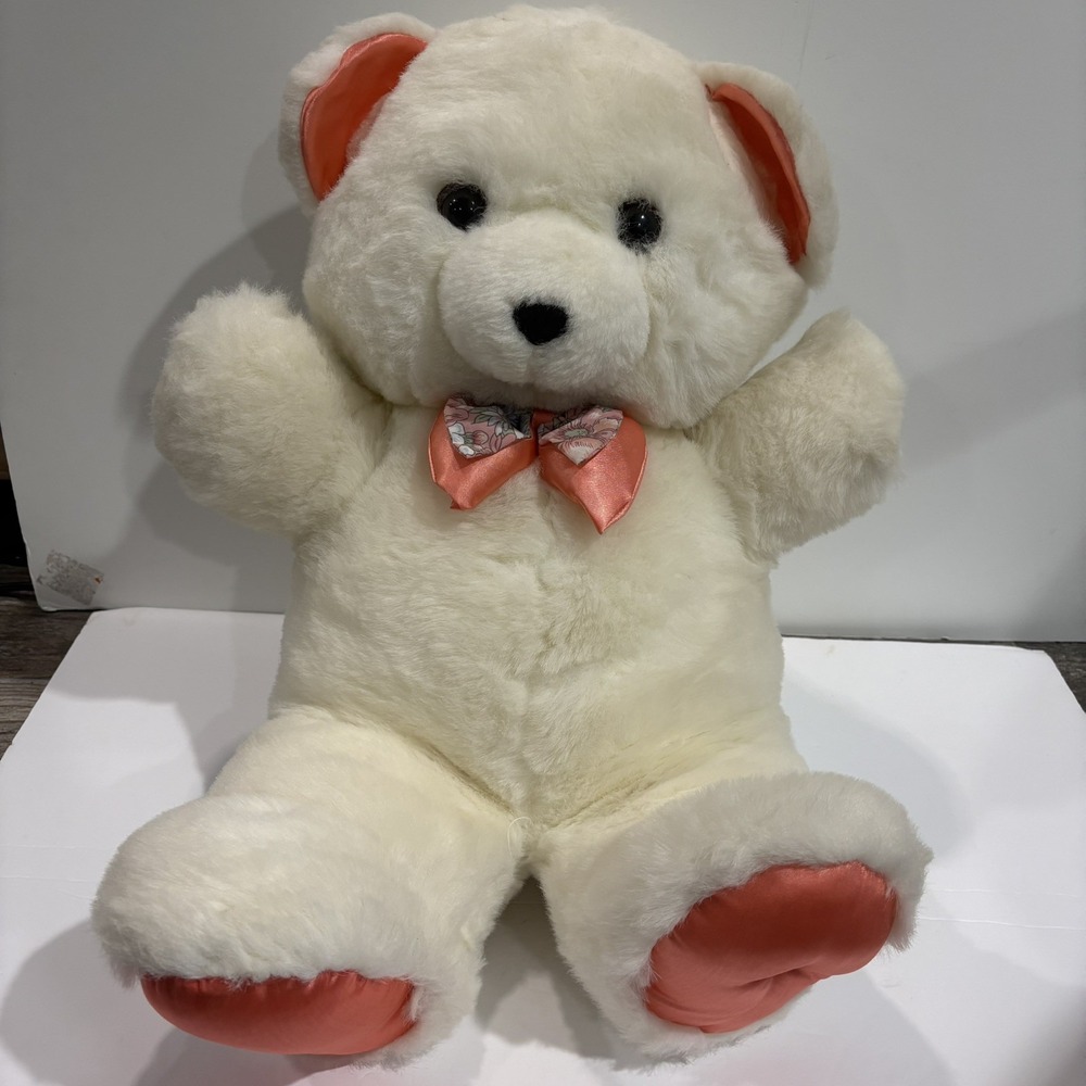 Vtg Dan Dee White Teddy Bear 20" Satin Bow Accents Plush Stuffed Animal Large